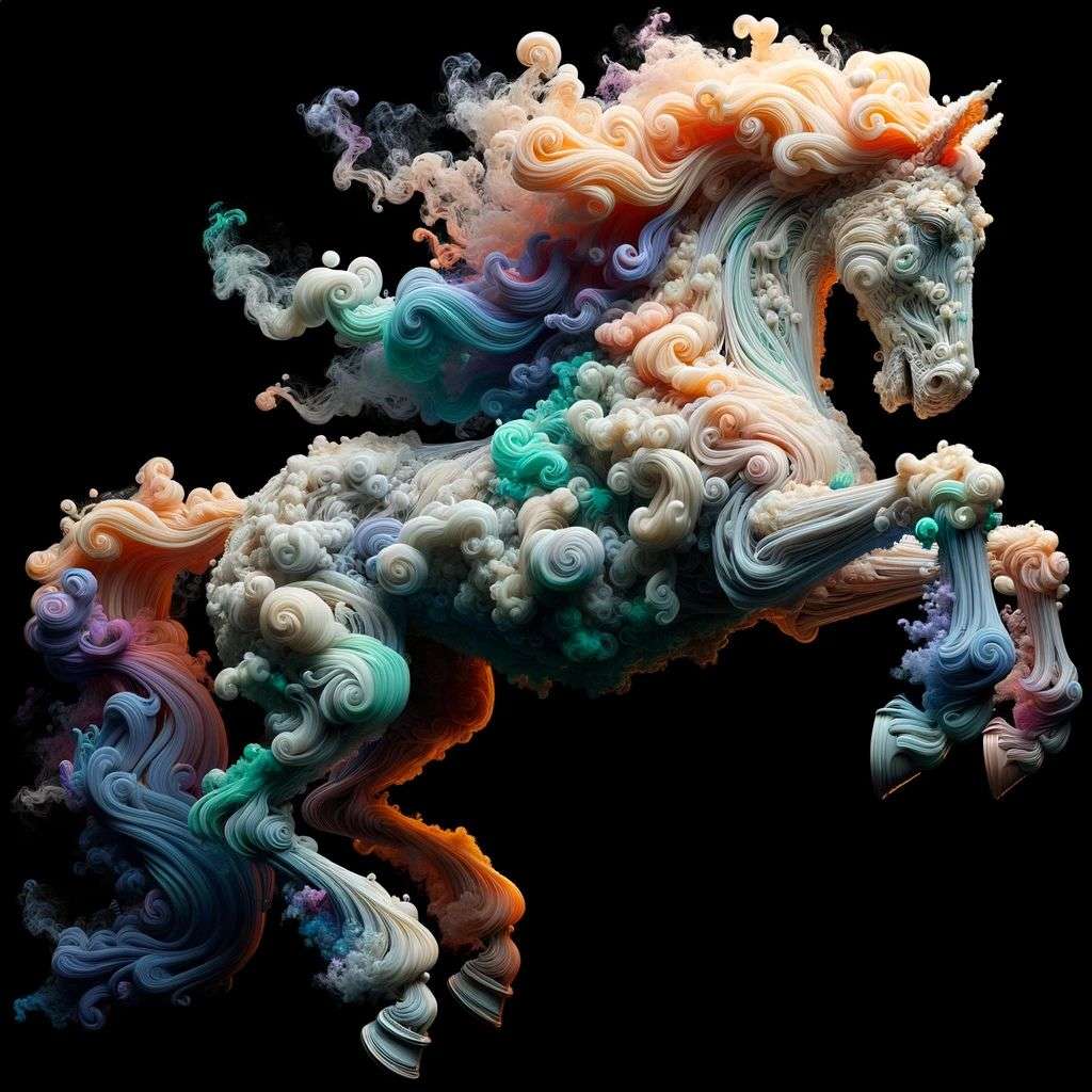 a horse made of very detailed curling wispy glowing multicolored smoke, digital art, volumetric, 3D render, Octane render
